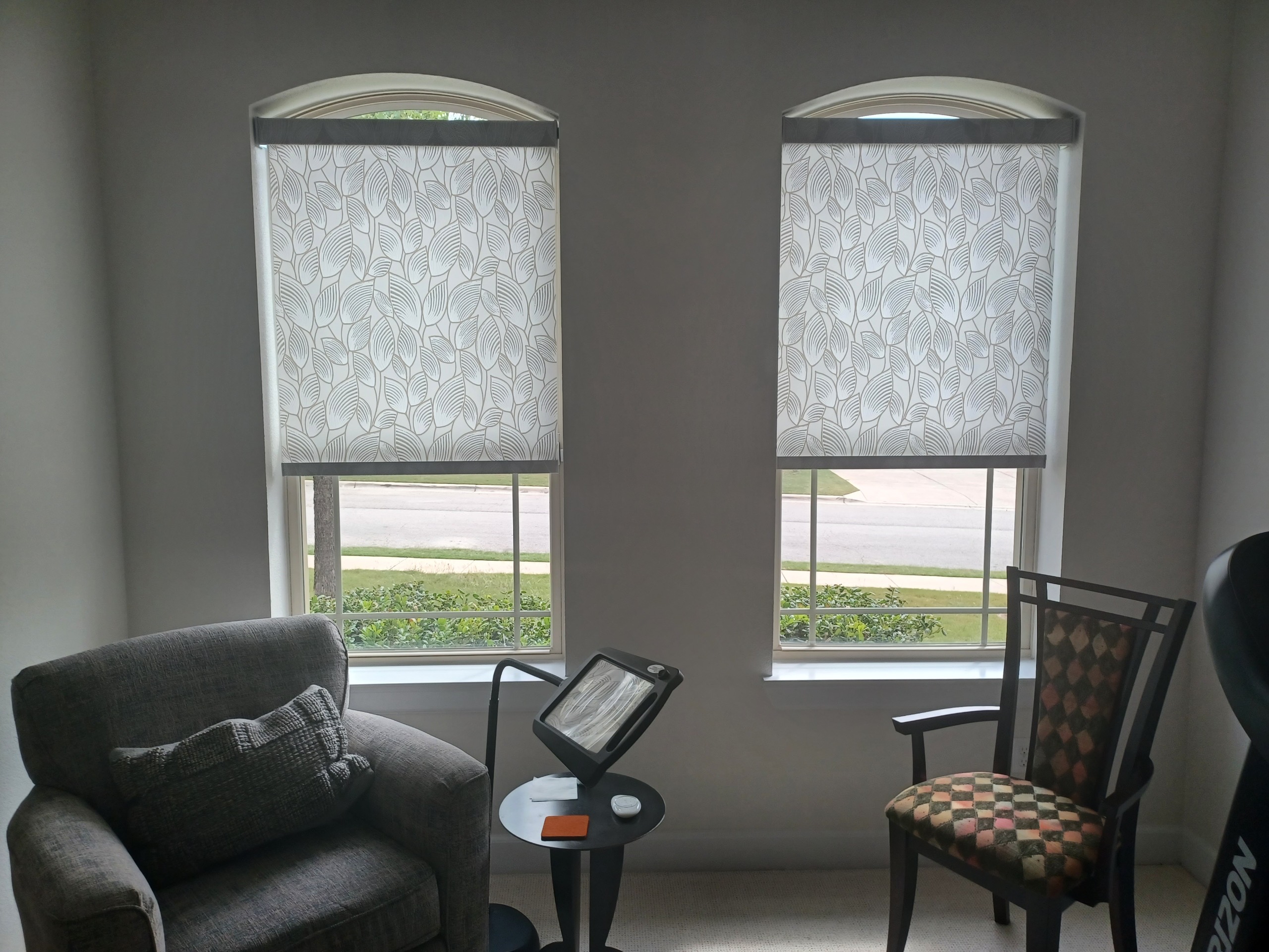 Sleek Motorized Hunter Douglas Roller Shades and TWO USA Patio Screens in a Belterra Home on Merion Dr in Austin, TX